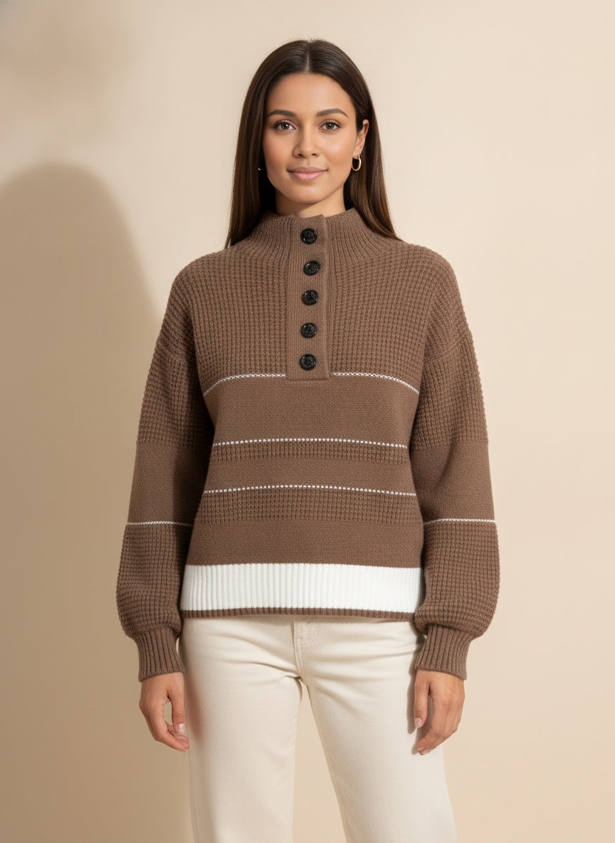 Abigail Button Placket Knit Jumper — Beige
