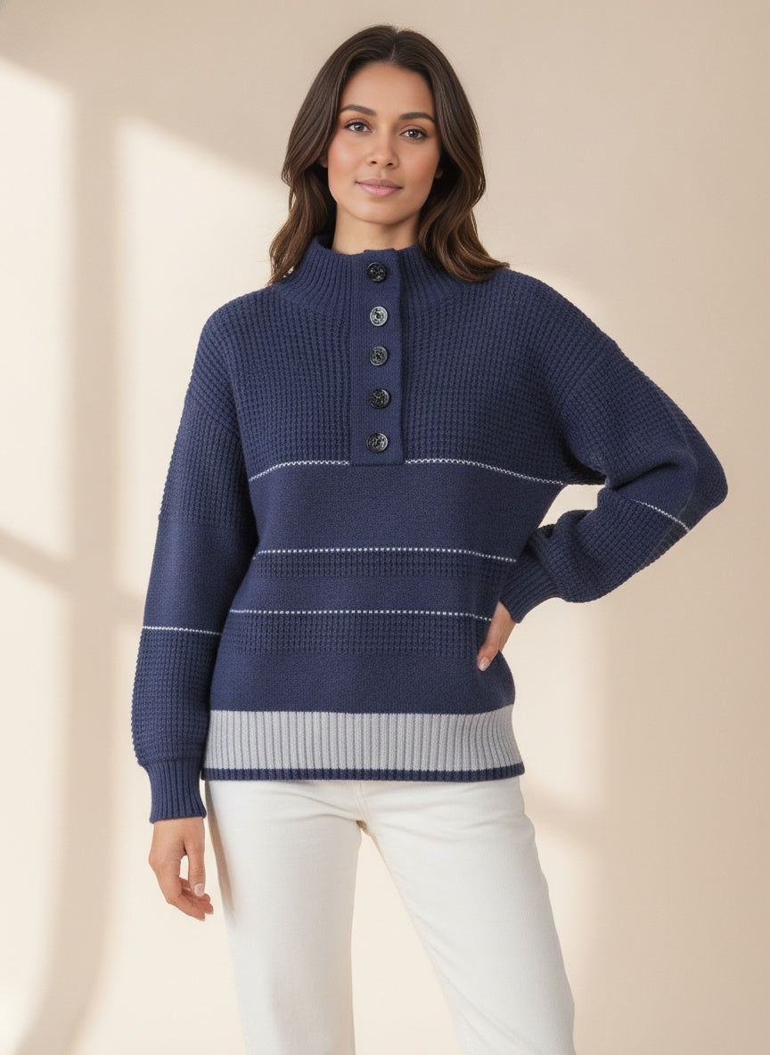 Abigail Button Placket Knit Jumper — Blue