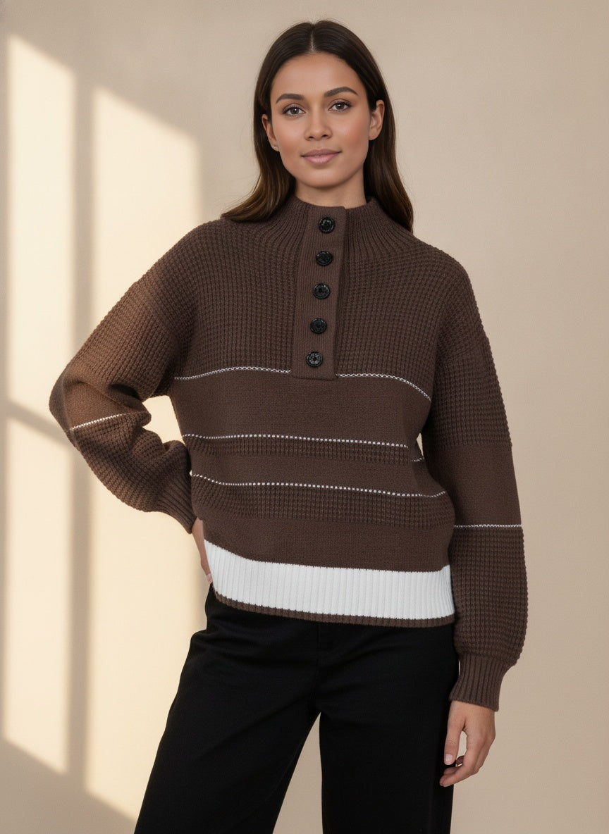 Abigail Button Placket Knit Jumper — Brown