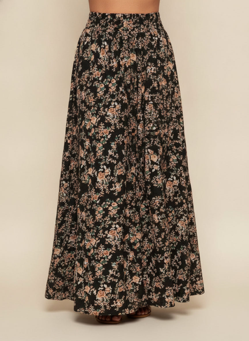 Floral Print Flared Everyday Skirt — Black
