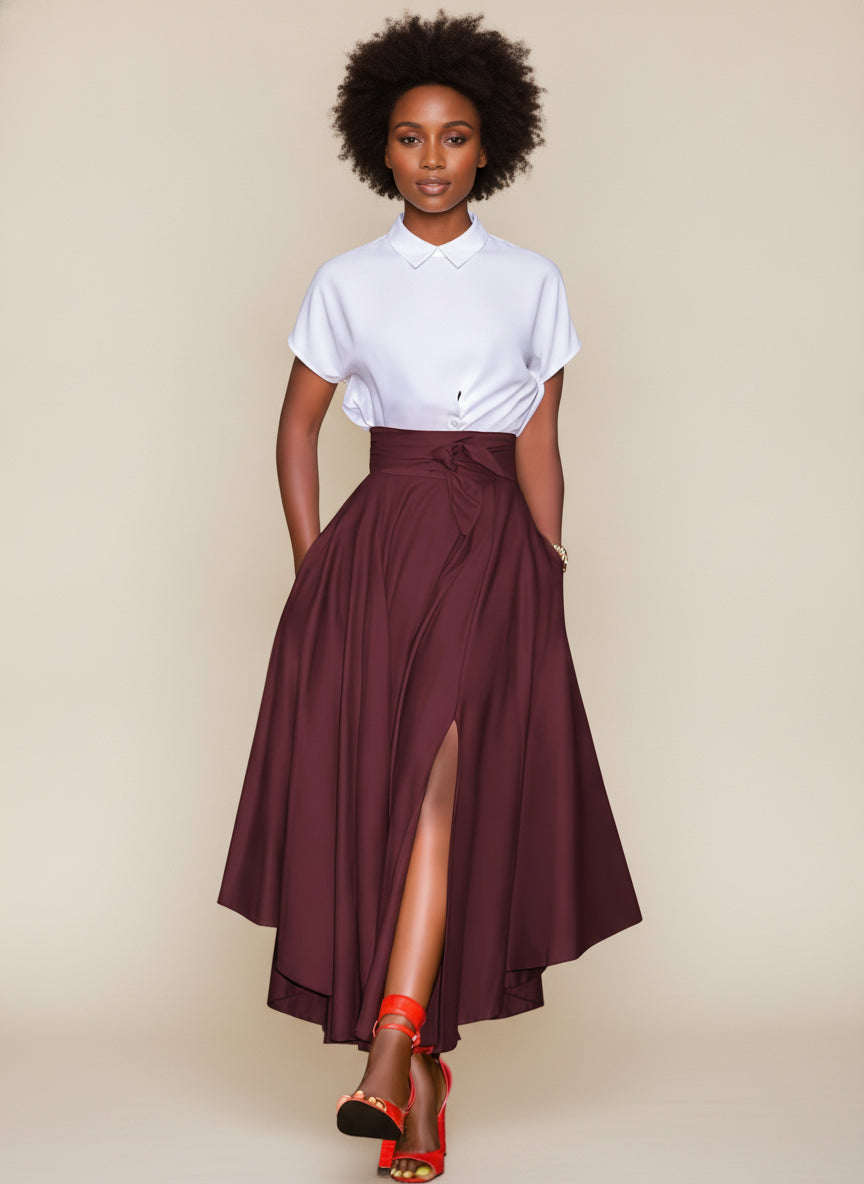 Elegant Irregular Hem Maxi Skirt — Burgundy