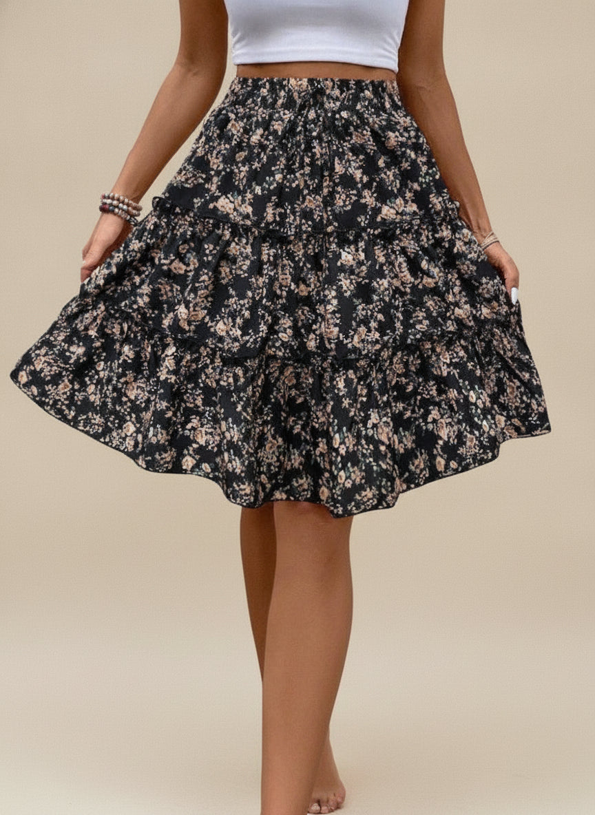Elegant Ruffle Wrap Midi Skirt — Black