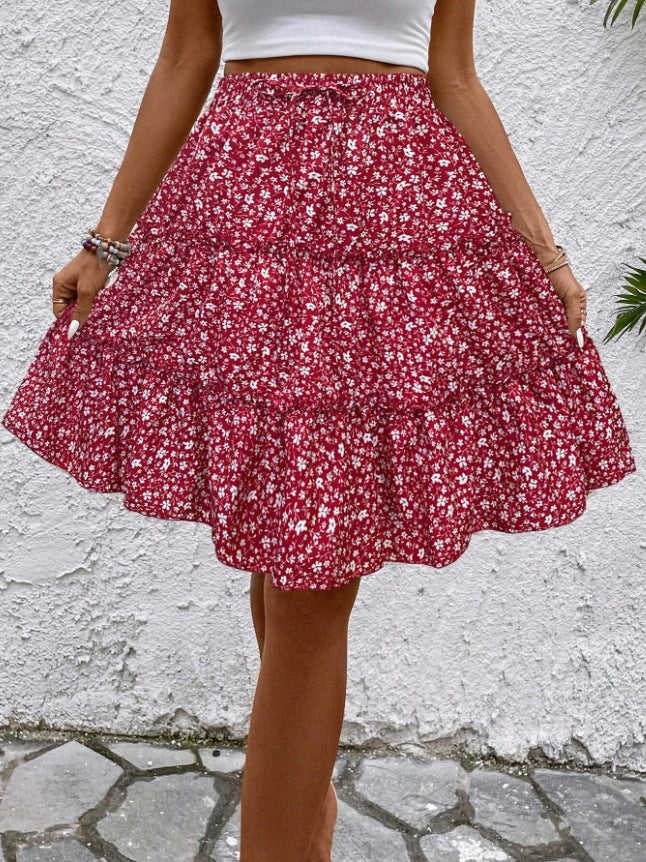 Elegant Ruffle Wrap Midi Skirt — Red