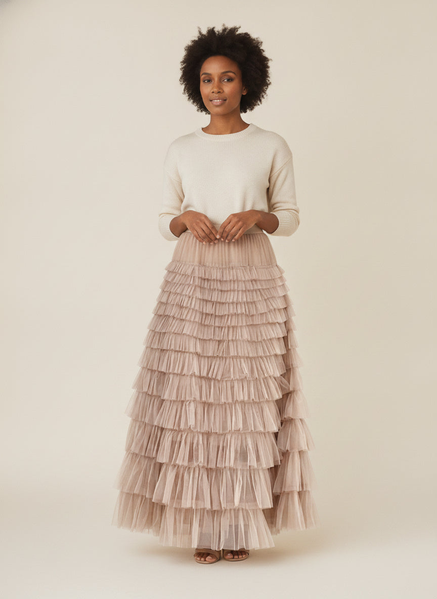 Elegant Tiered Tulle Maxi Skirt — Apricot