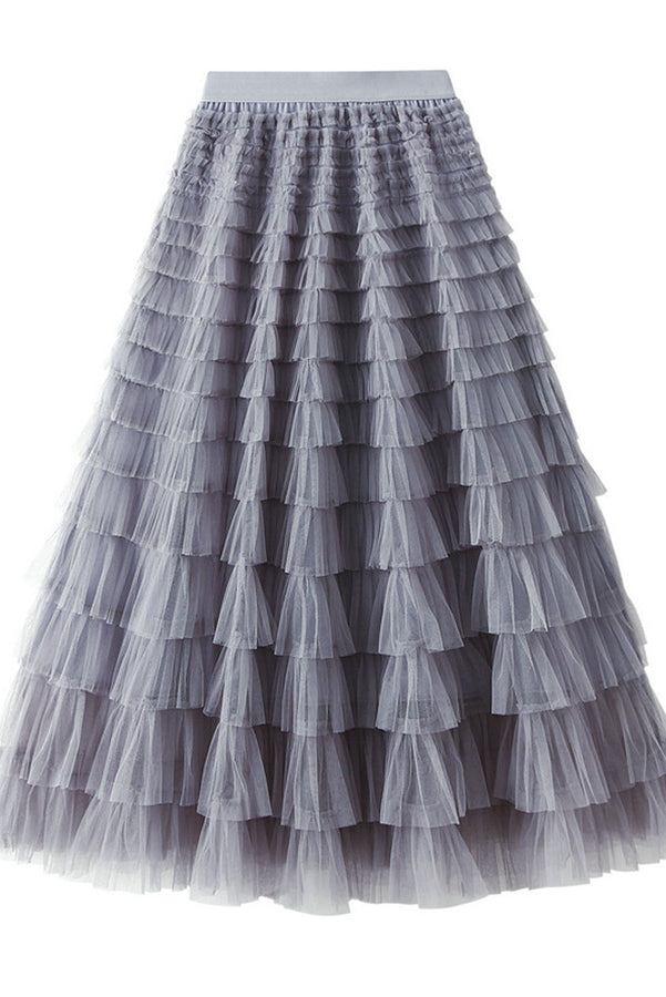 Elegant Tiered Tulle Maxi Skirt — Ash