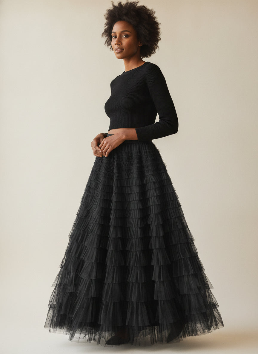 Elegant Tiered Tulle Maxi Skirt — Black