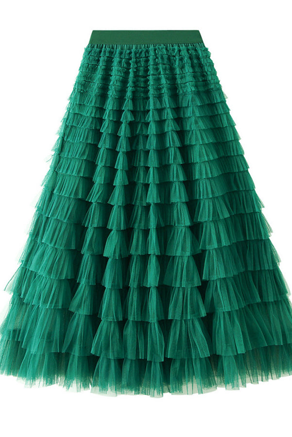 Elegant Tiered Tulle Maxi Skirt — Dark Green