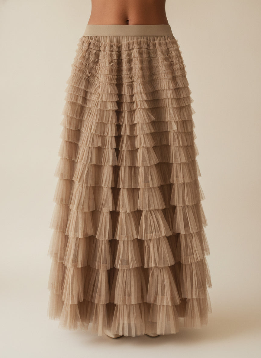Elegant Tiered Tulle Maxi Skirt — Khaki