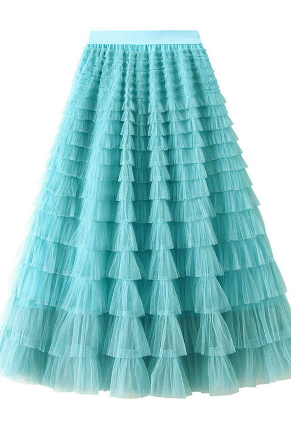 Elegant Tiered Tulle Maxi Skirt — Light Blue