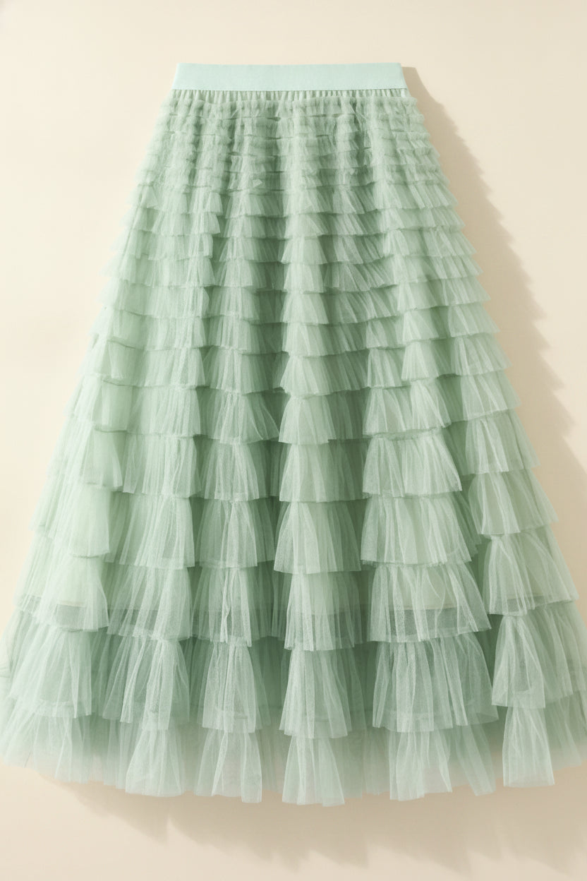 Elegant Tiered Tulle Maxi Skirt — Light Green