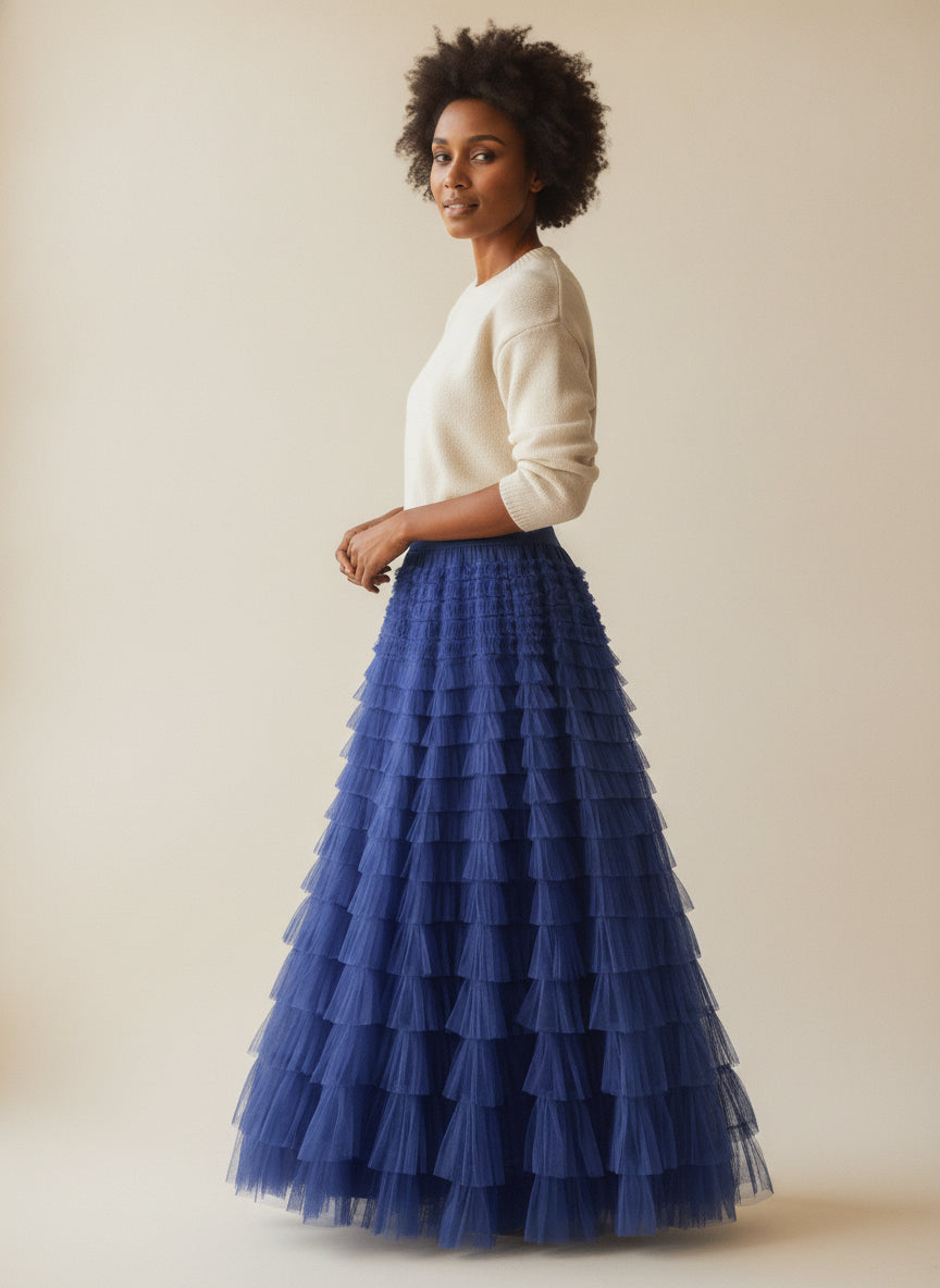 Elegant Tiered Tulle Maxi Skirt — Navy Blue