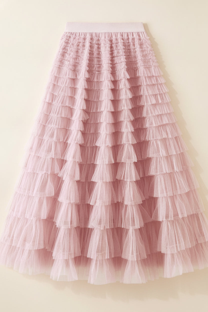 Elegant Tiered Tulle Maxi Skirt — Pink