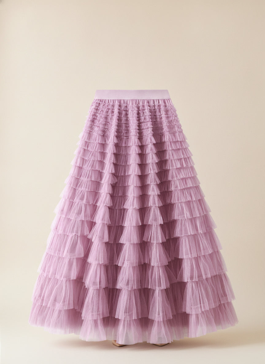Elegant Tiered Tulle Maxi Skirt — Purple