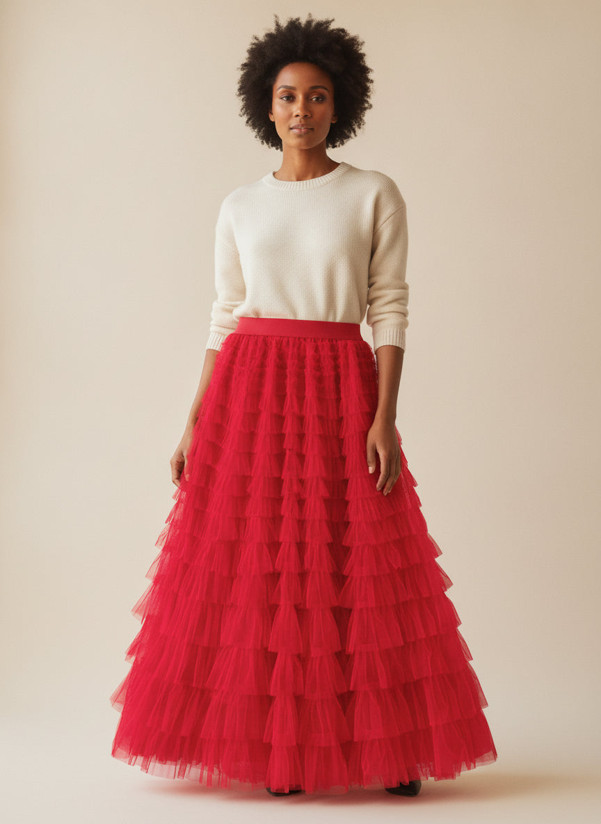 Elegant Tiered Tulle Maxi Skirt — Red