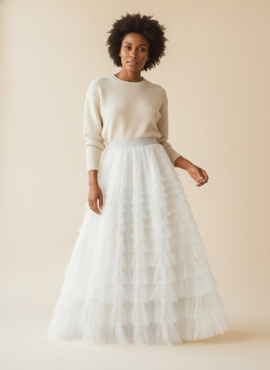 Elegant Tiered Tulle Maxi Skirt — White