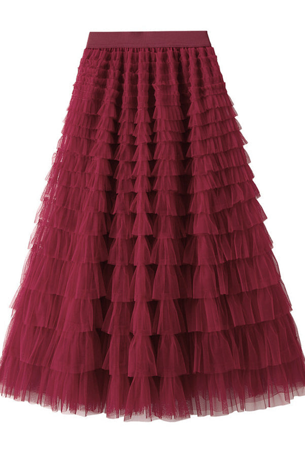 Elegant Tiered Tulle Maxi Skirt — Wine Red