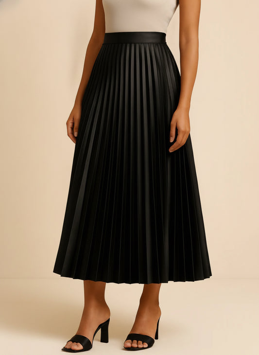 Luna Pleated Midi Skirt — Black