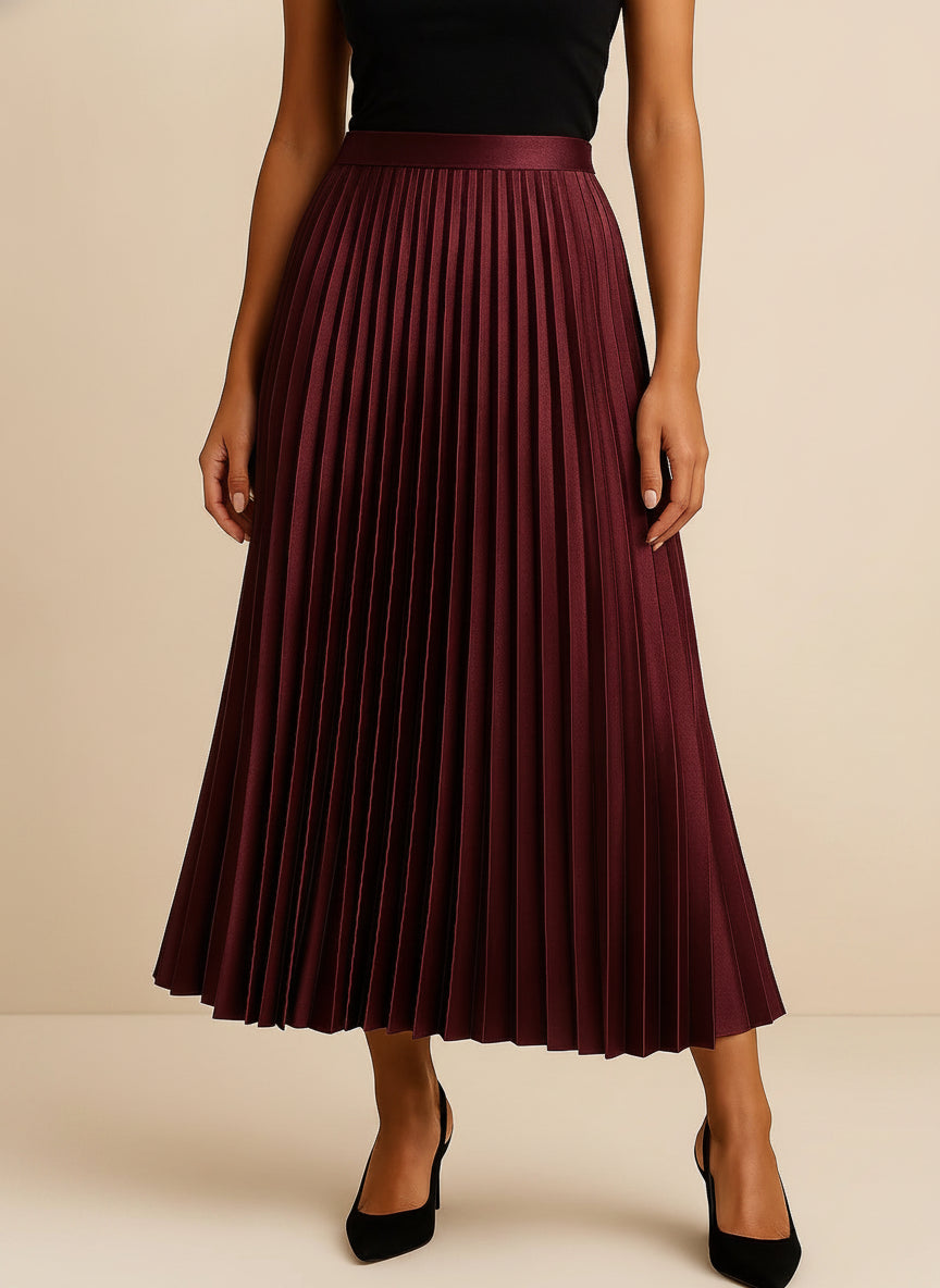 Luna Pleated Midi Skirt — Burgundy