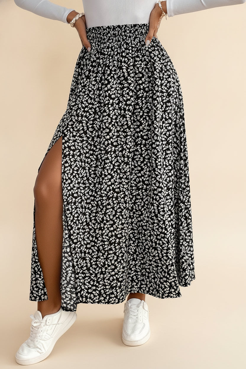 Flowy Floral Maxi Skirt with Slit — Black