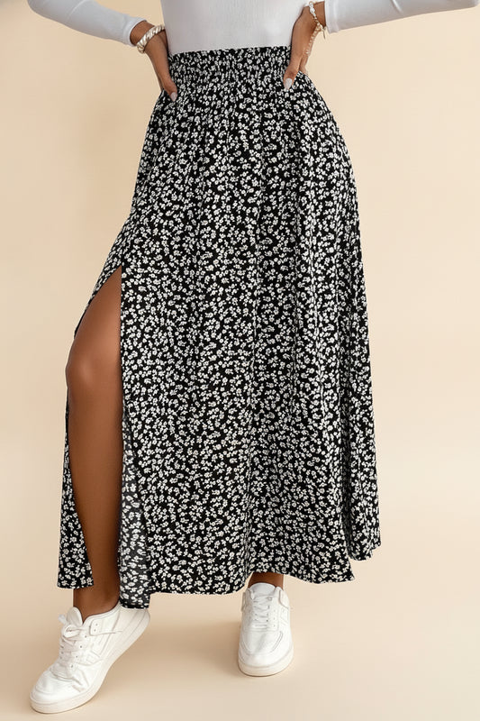 Flowy Floral Maxi Skirt with Slit — Black