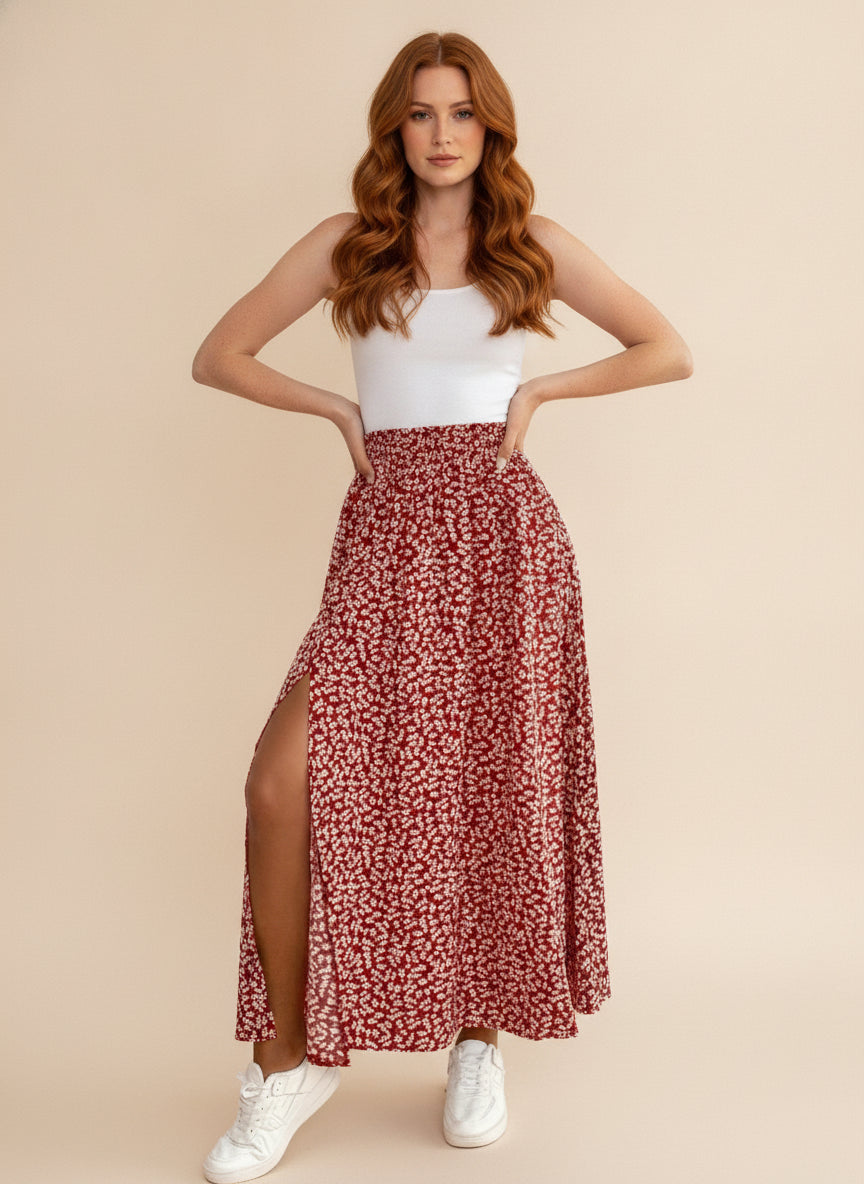 Flowy Floral Maxi Skirt with Slit — Red