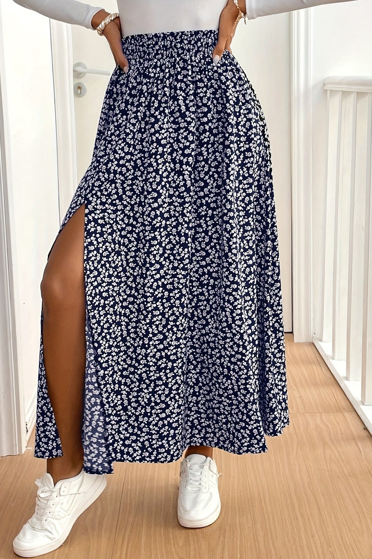 Flowy Floral Maxi Skirt with Slit — Sea Blue