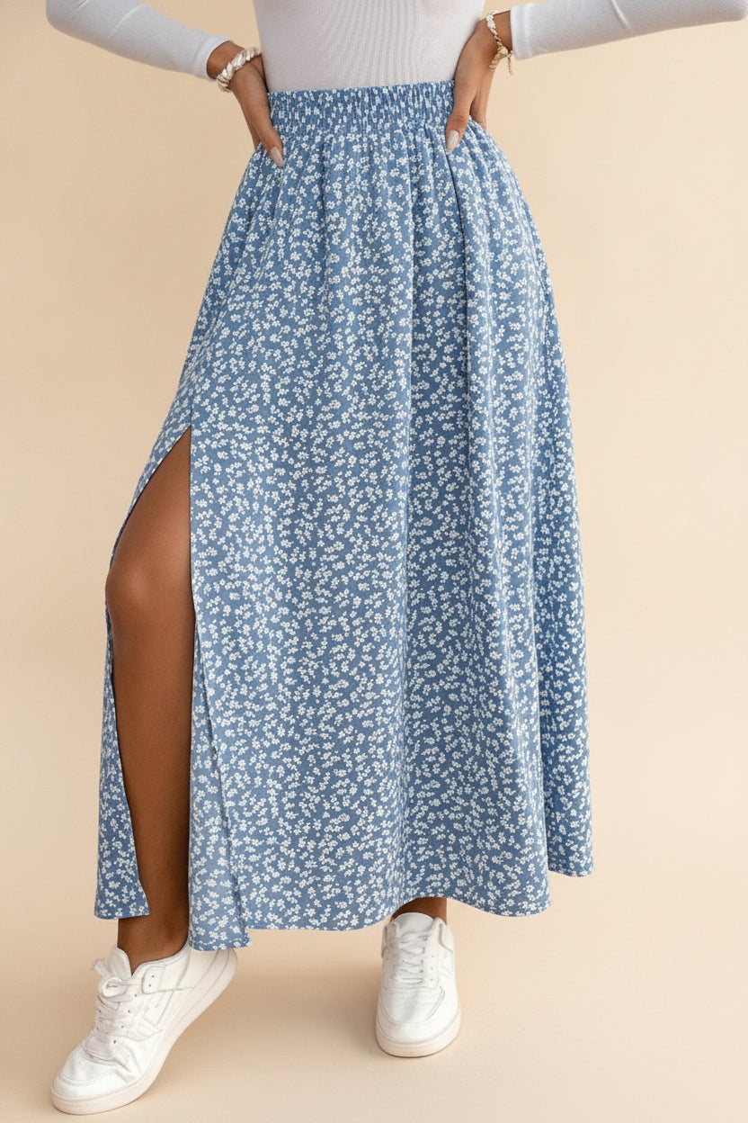 Flowy Floral Maxi Skirt with Slit — Sky Blue