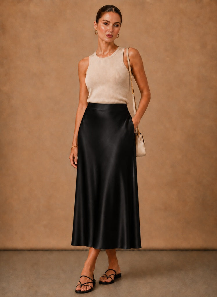 Satin A-Line Flowing Midi Skirt — Black