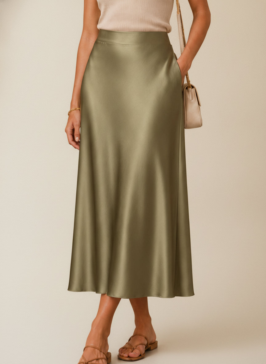 Satin A-Line Flowing Midi Skirt — Green