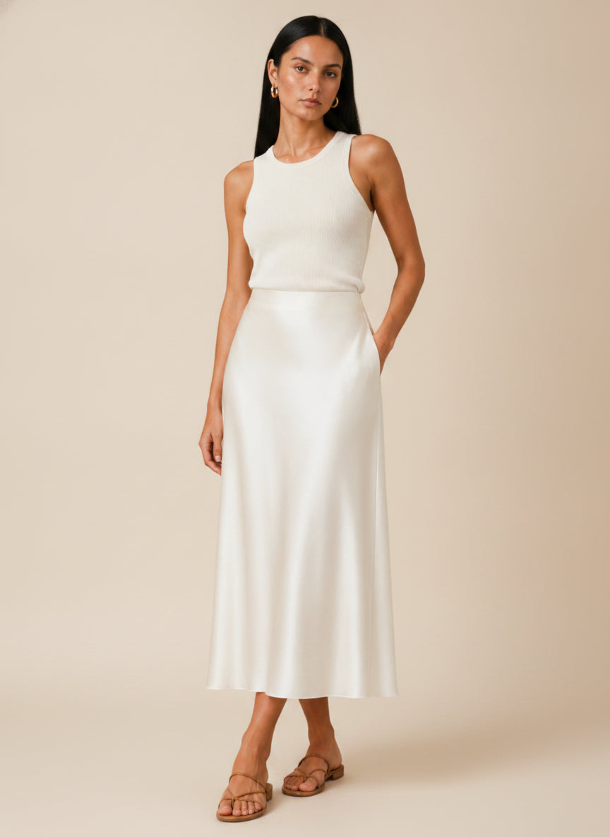 Satin A-Line Flowing Midi Skirt — White
