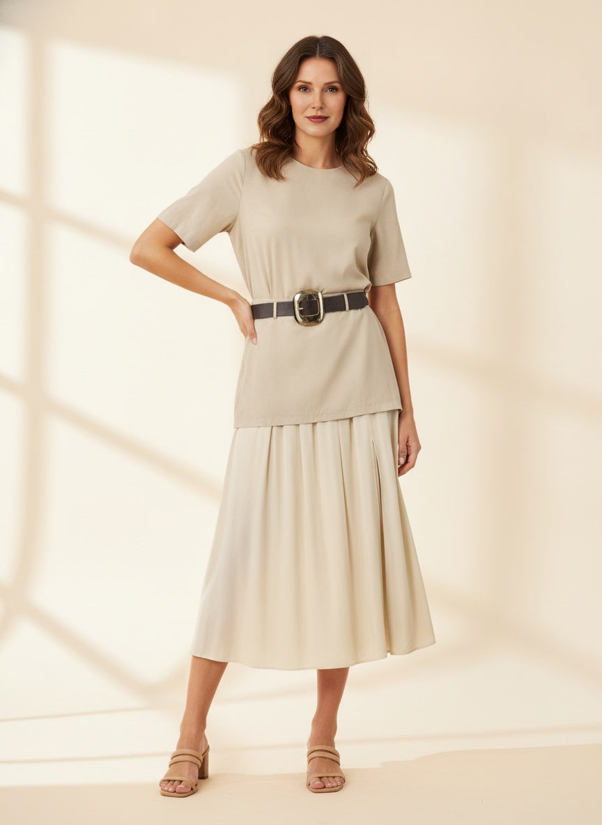 Pleated Waist Midi Skirt — Beige