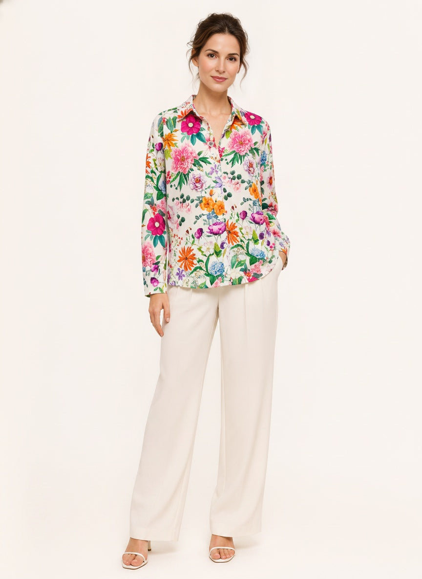 Floral Collared Long Sleeve Blouse — White