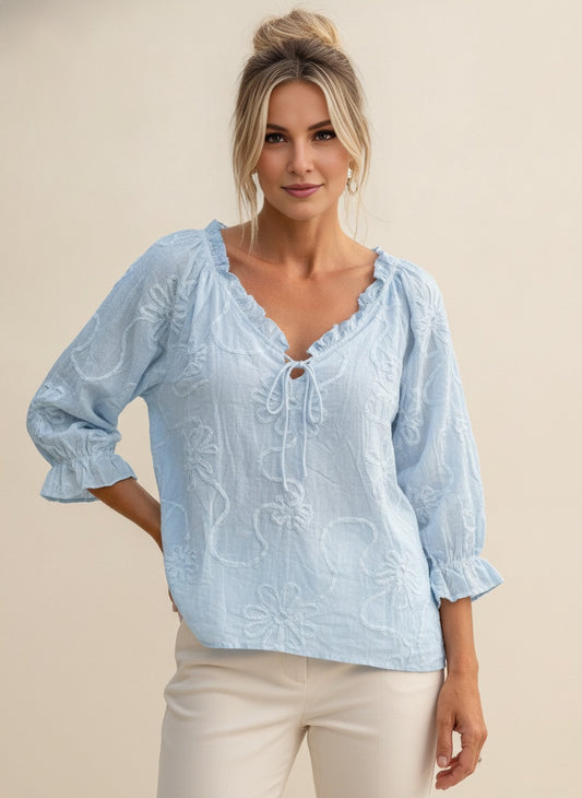 Linen-Blend V-Neck Ruffle Blouse — Light Blue