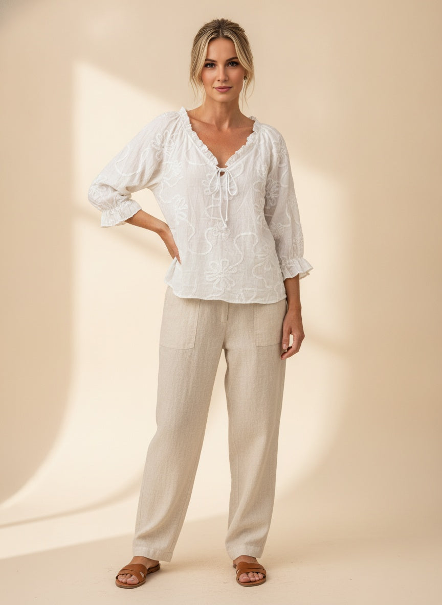 Linen-Blend V-Neck Ruffle Blouse — White