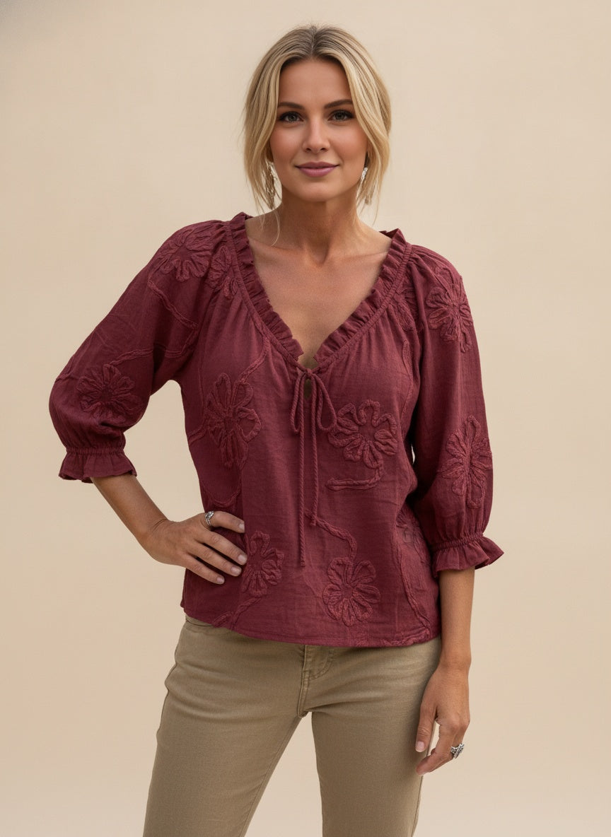 Linen-Blend V-Neck Ruffle Blouse — Wine