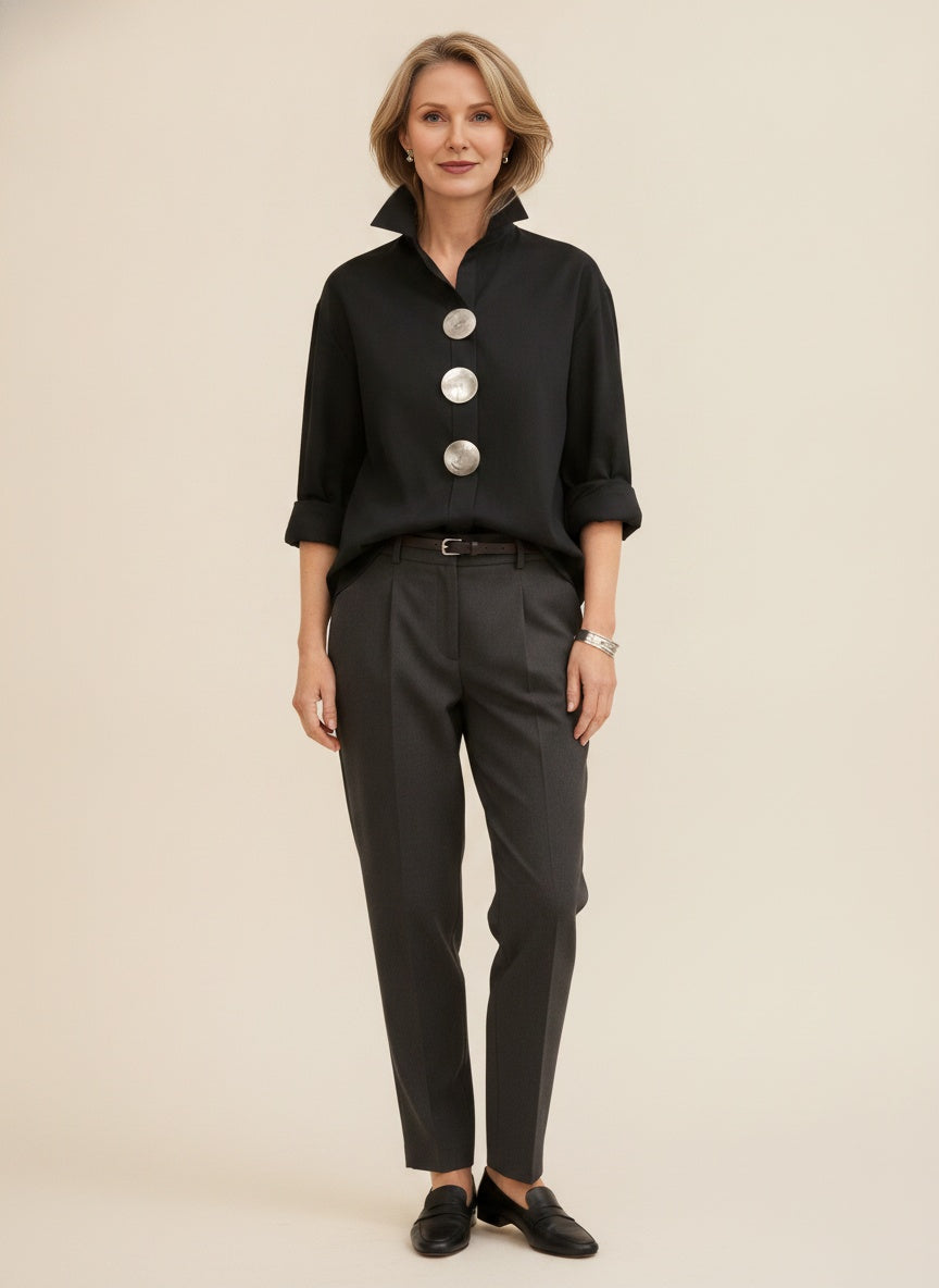Elegant Cotton Linen Standcollar Blouse — Black