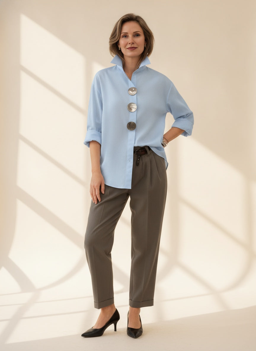 Elegant Cotton Linen Standcollar Blouse — Blue
