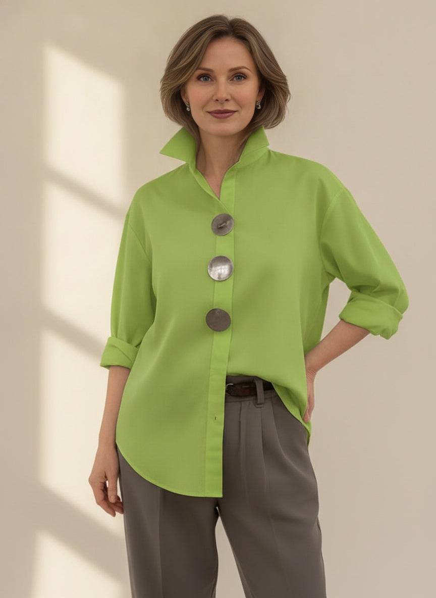 Elegant Cotton Linen Standcollar Blouse — Green