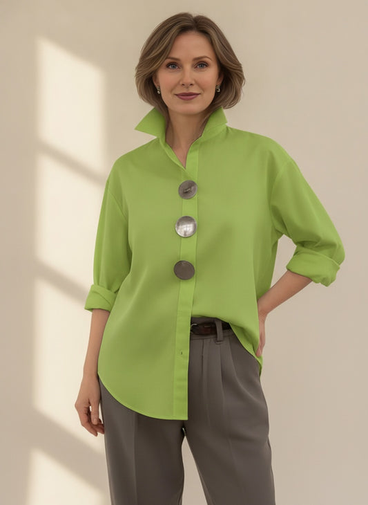 Elegant Cotton Linen Standcollar Blouse — Green