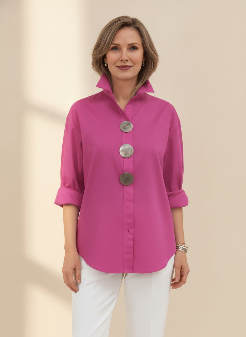 Elegant Cotton Linen Standcollar Blouse — Pink