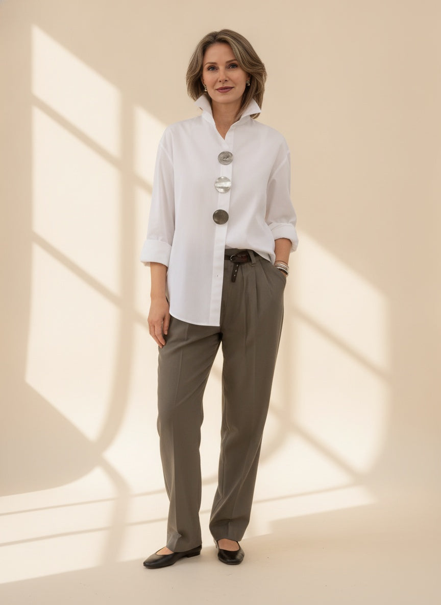 Elegant Cotton Linen Standcollar Blouse — White